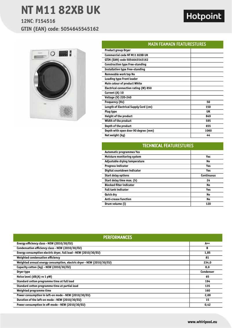 Page 1 de la notice Fiche technique Hotpoint NT M11 82XB UK