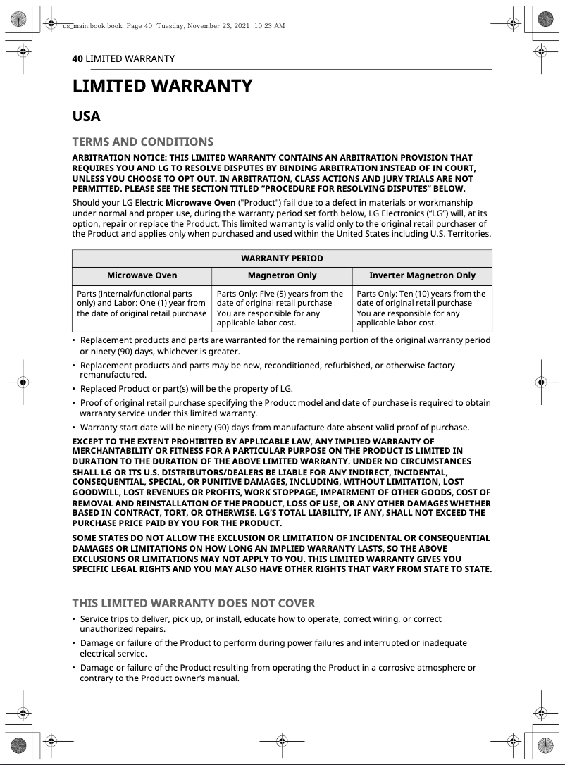 Page n°1 - Informations de garantie LG MZBZ1715S
