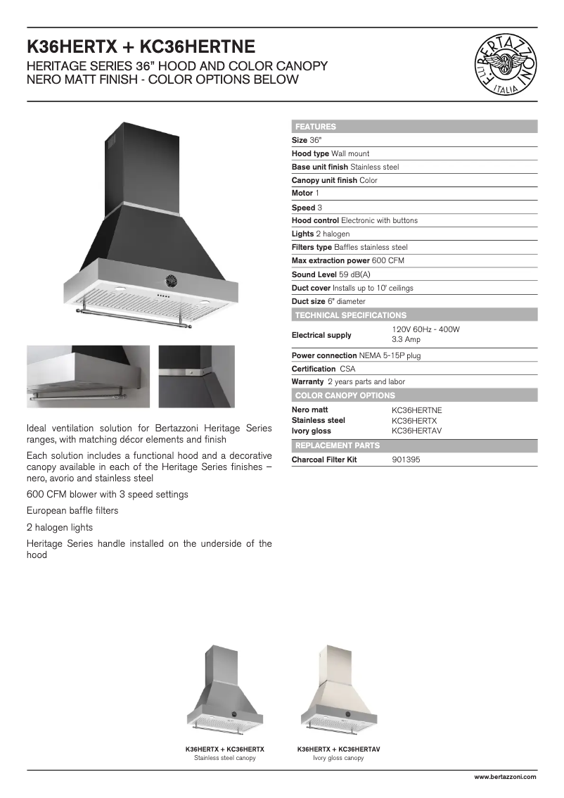 Page 1 de la notice Fiche technique Bertazzoni KC36HERTX