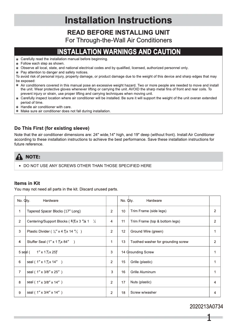 Page 1 de la notice Guide d'installation Frigidaire FRA124HT1