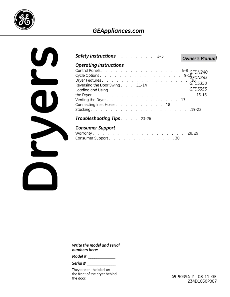 Page n°1 - Manuel d'utilisation et d'entretien GE GFDS350ELWW