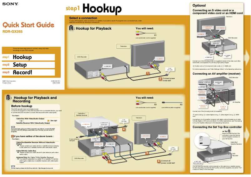 Page 1 de la notice Guide d'installation Sony RDR-GX355
