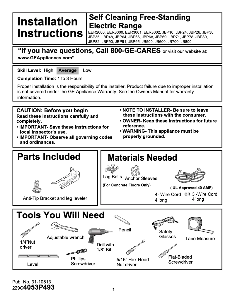 First page image of the manual for Profile JBP95SFSS