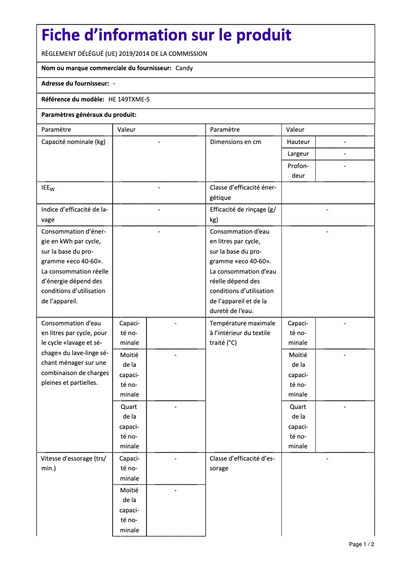 Página 1 del manual Manual de usuario Candy HE 149TXME-S
