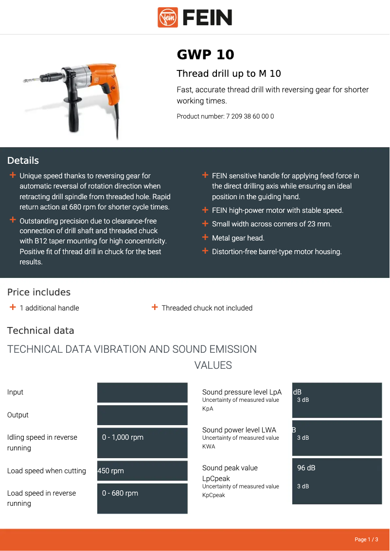 Page 1 de la notice Fiche technique Fein GWP 10