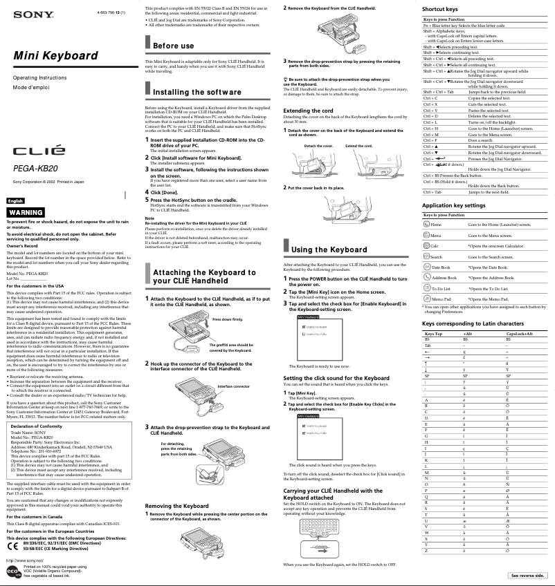 Página 1 del manual Manual de usuario Sony Clié PEGA-KB20