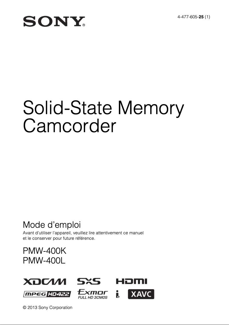 Page 1 de la notice Manuel utilisateur Sony PMW-400K