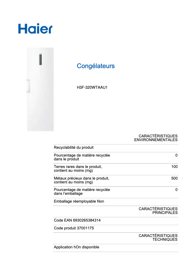 Page 1 de la notice Label énergétique Haier H3F-320WTAAU1