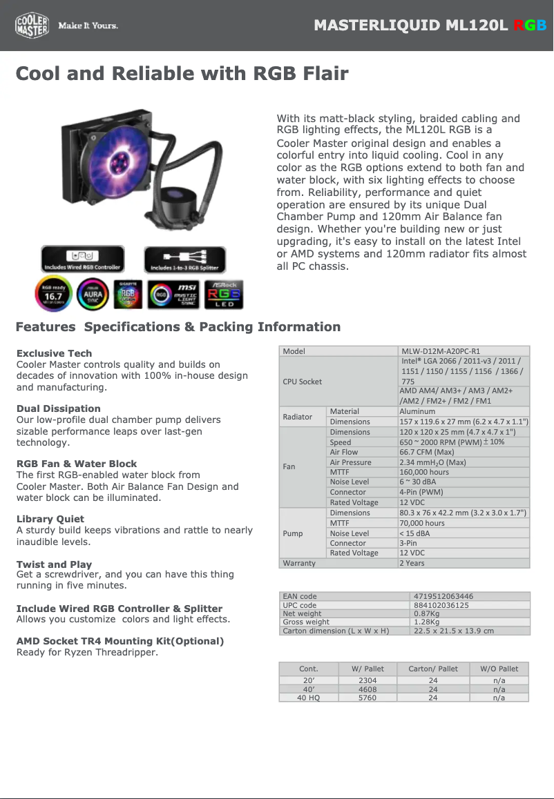 Page 1 de la notice Fiche technique Cooler Master MasterLiquid ML120L RGB