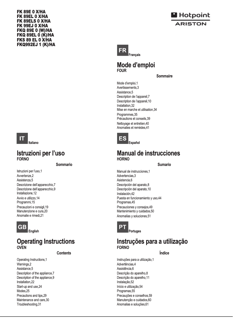 Page n°1 - Manuel utilisateur Hotpoint Ariston FK 89EL 0 X/HA
