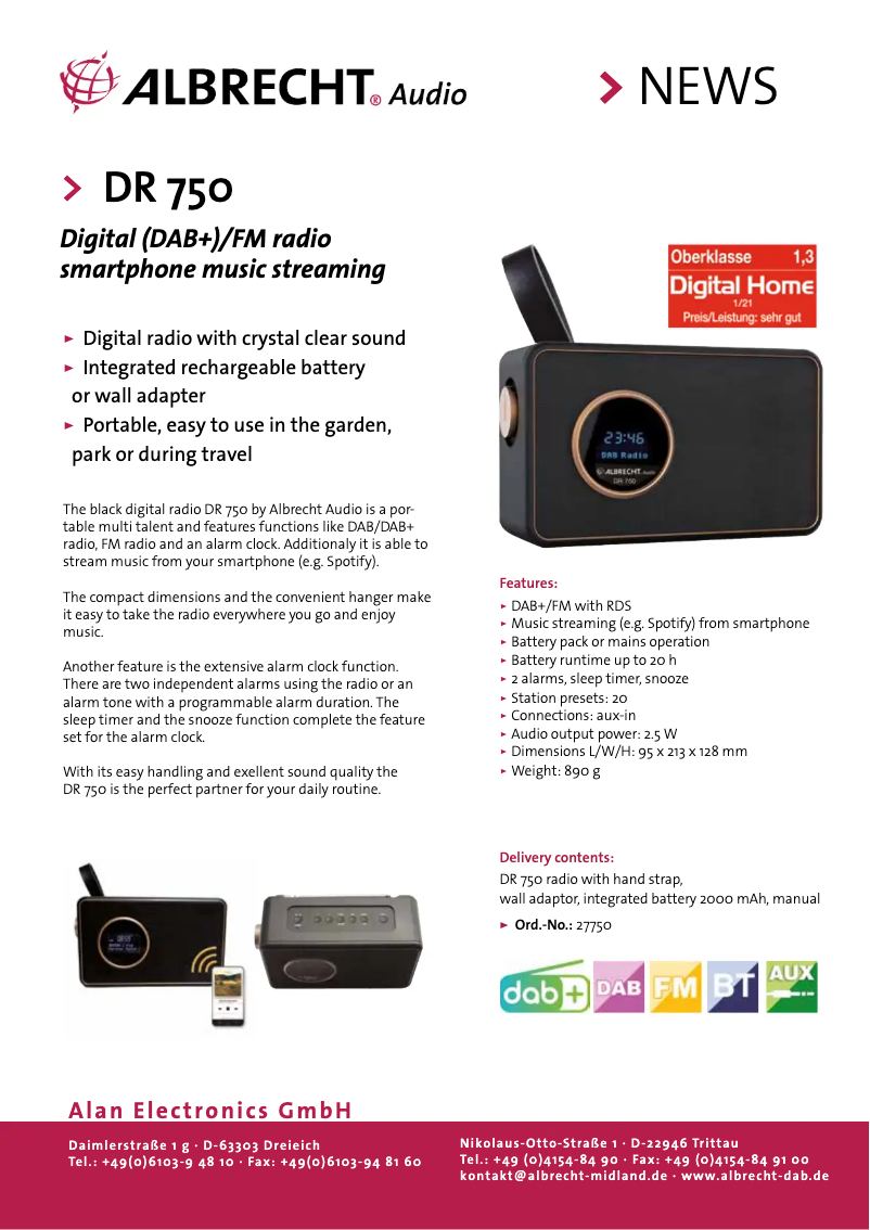 Página 1 del manual Ficha técnica Albrecht DR 750