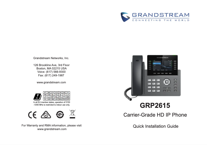 Page 1 de la notice Guide de démarrage rapide Grandstream GRP2615