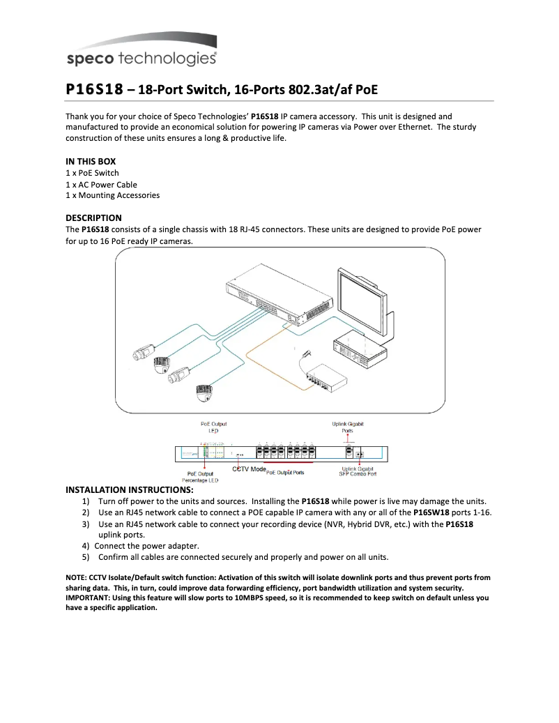 Page 1 de la notice Manuel utilisateur Speco Technologies P16S18