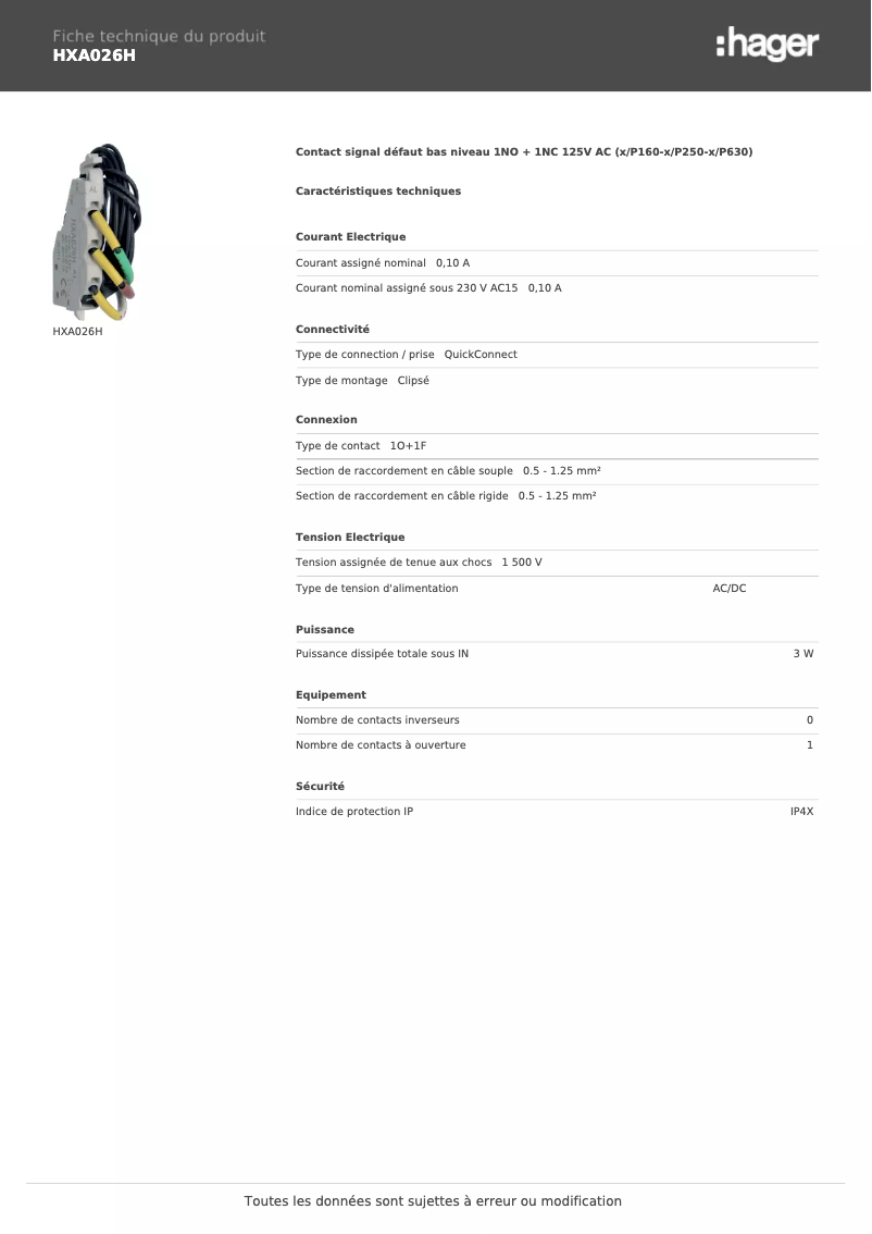 Page 1 de la notice Fiche technique Hager HXA026H