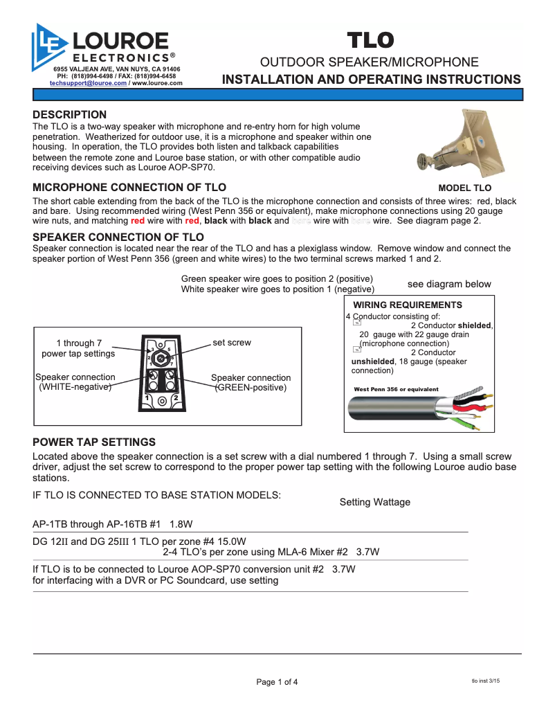 Page 1 de la notice Manuel utilisateur Louroe Electronics LE-084