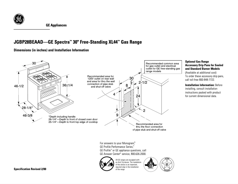 Page 1 of the manual Technical Sheet GE JGBP28BEAAD