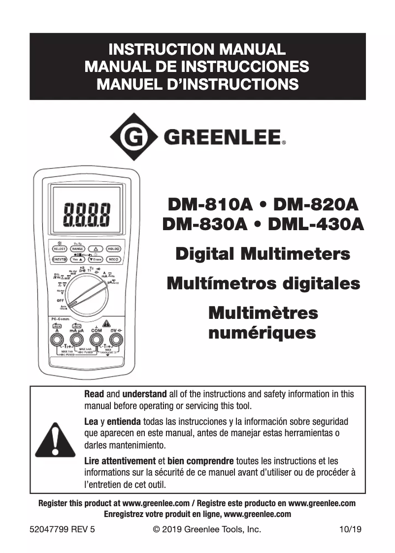 Page 1 de la notice Manuel utilisateur Greenlee DM-820A