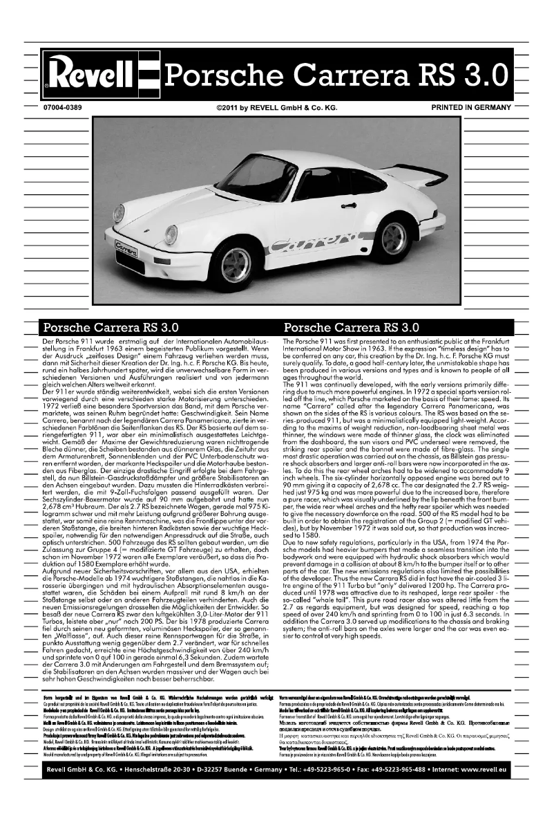 Page 1 de la notice Manuel utilisateur Revell Porsche Carrera RS 3.0