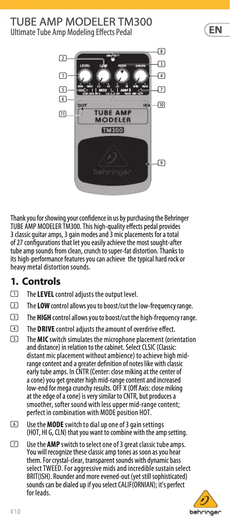 Page 1 de la notice Manuel utilisateur Behringer TM300