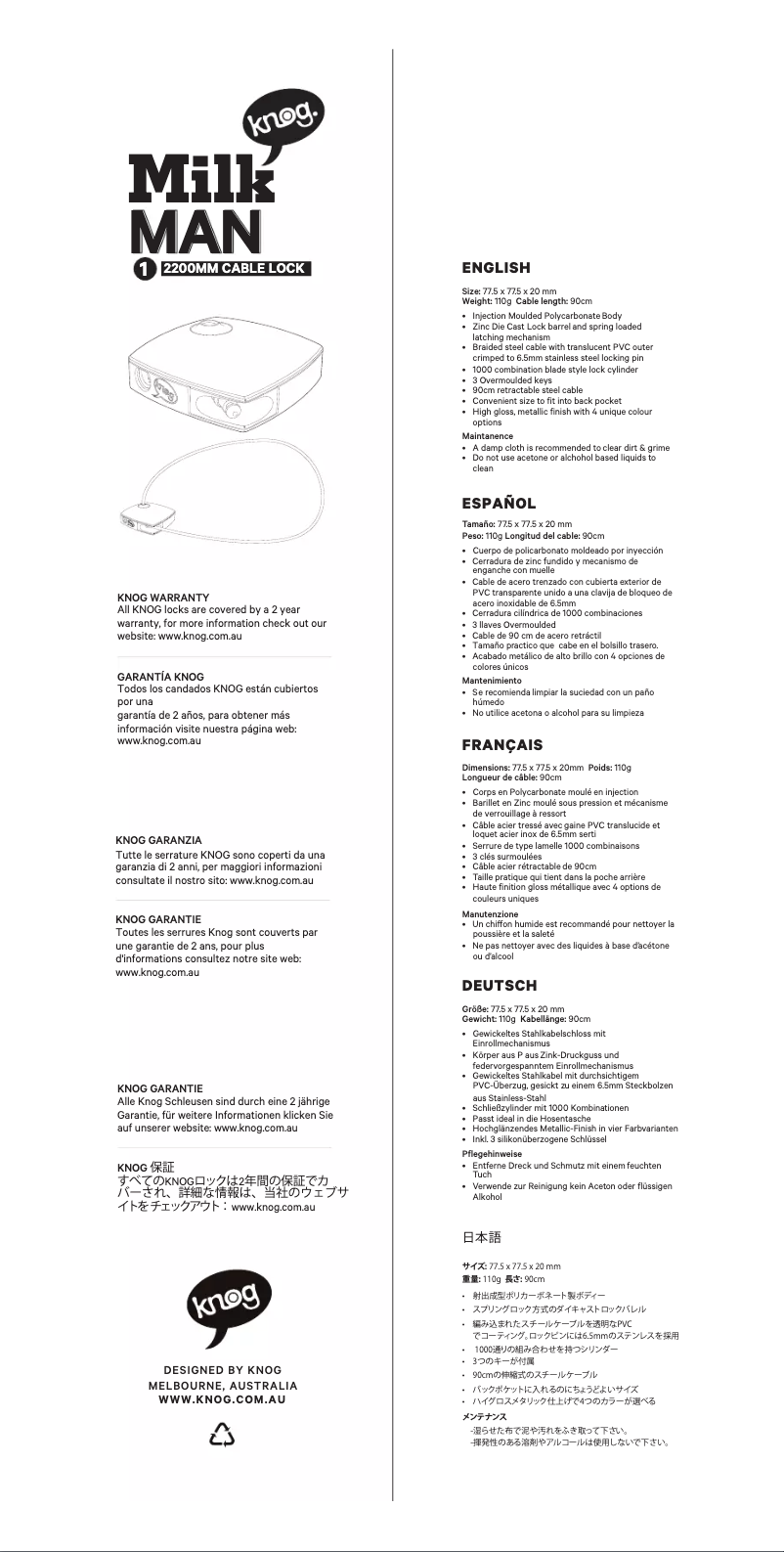 Page 1 de la notice Manuel utilisateur Knog Milk Man