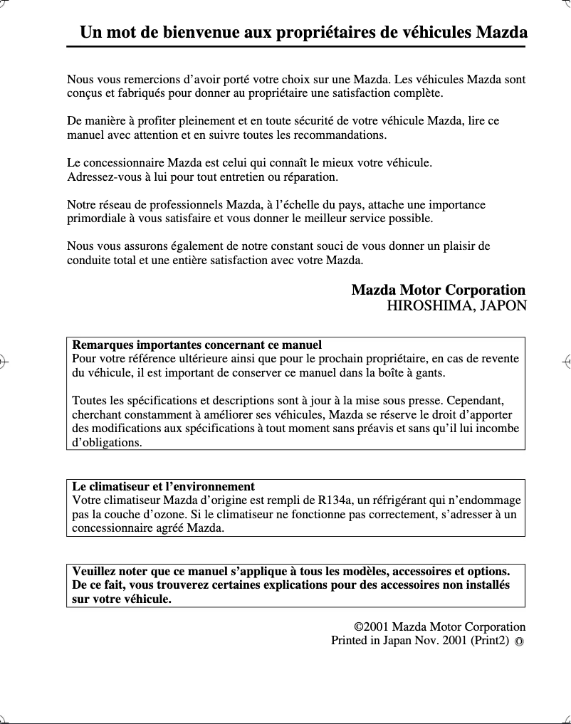 Page 1 de la notice Manuel utilisateur Mazda Millenia (2002)