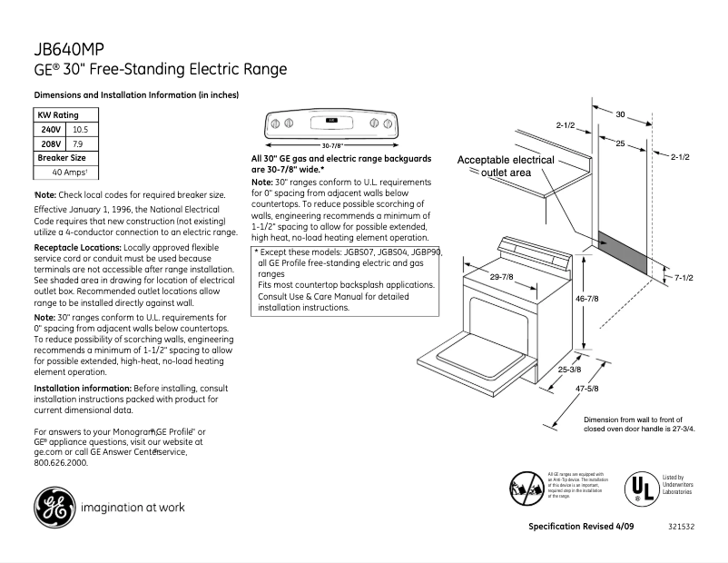Page 1 of the manual Technical Sheet GE JB640MPBS