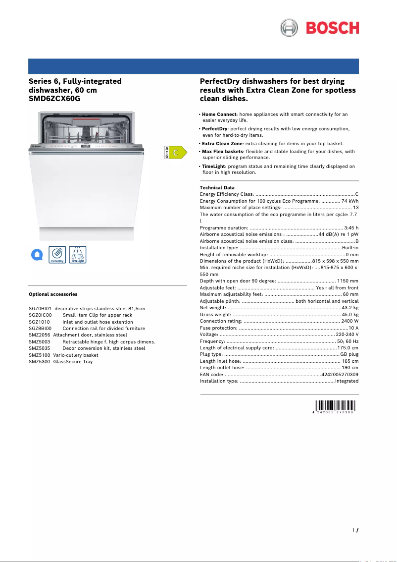 Page 1 de la notice Fiche technique Bosch SMD6ZCX60G