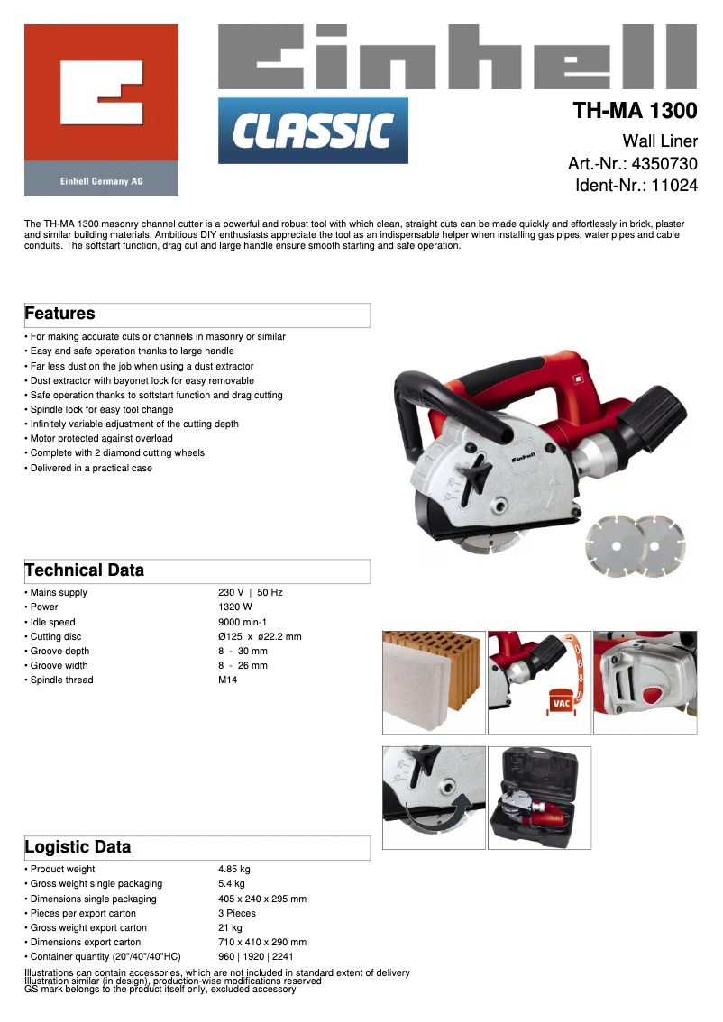 Page 1 de la notice Fiche technique Einhell TH-MA 1300