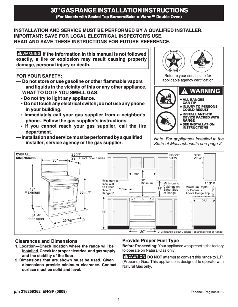 Page n°1 - Guide d'installation Frigidaire FGGF305MKF