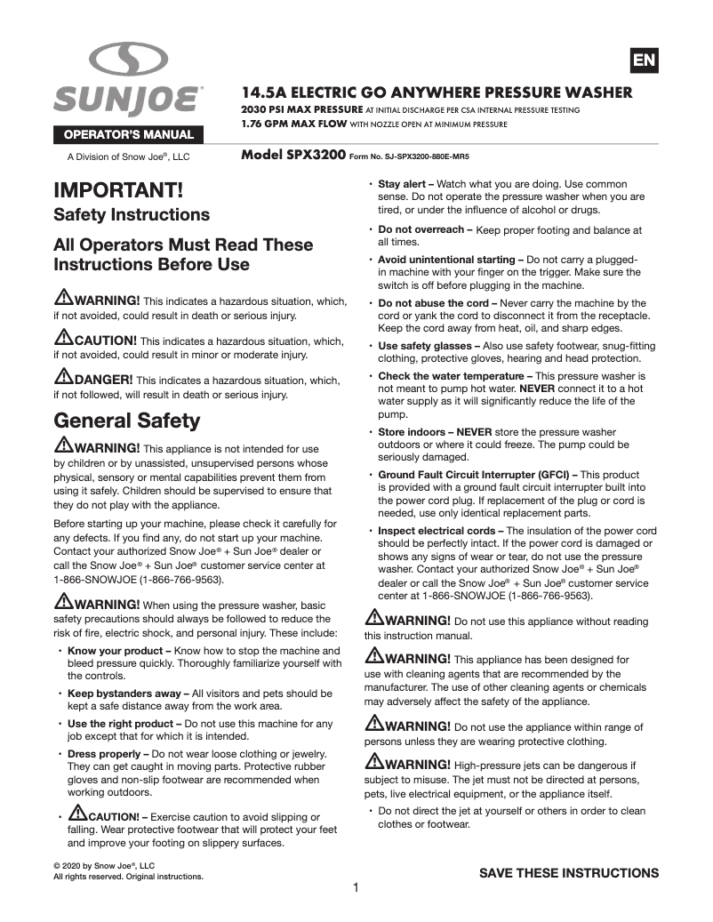 Page 1 de la notice Manuel utilisateur Sun Joe SPX3200