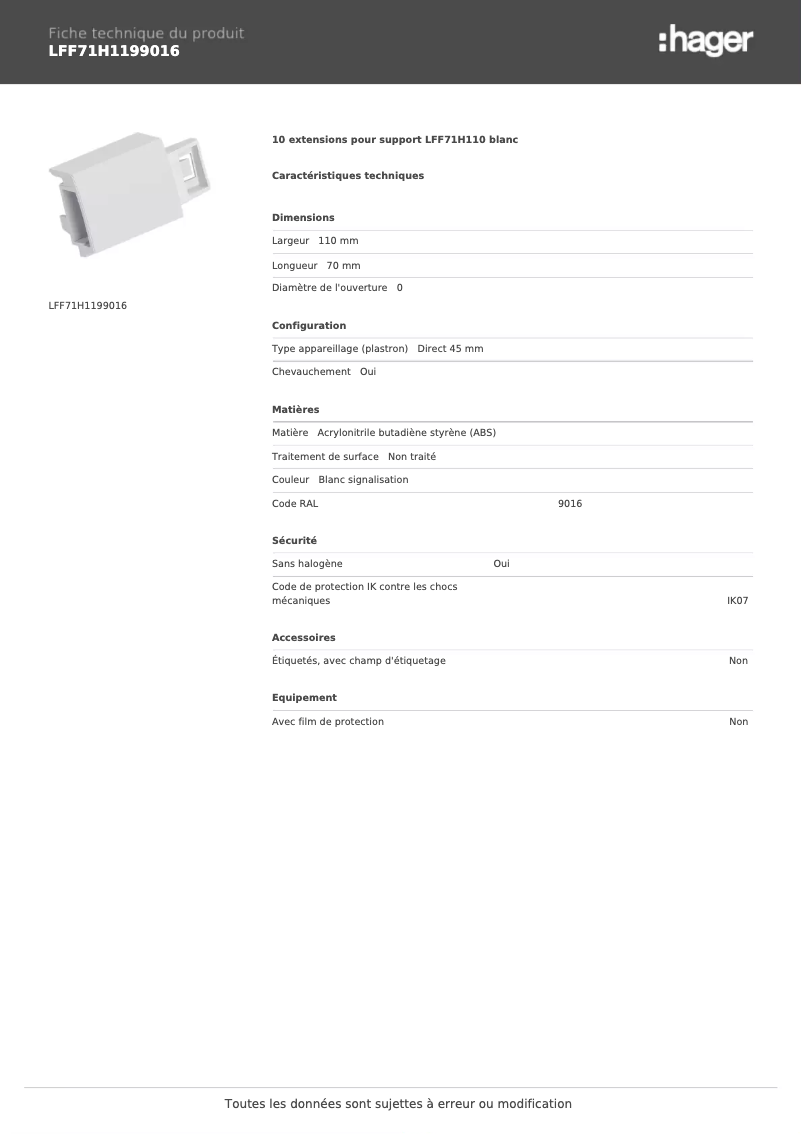 Page n°1 - Fiche technique Hager LFF71H1199016