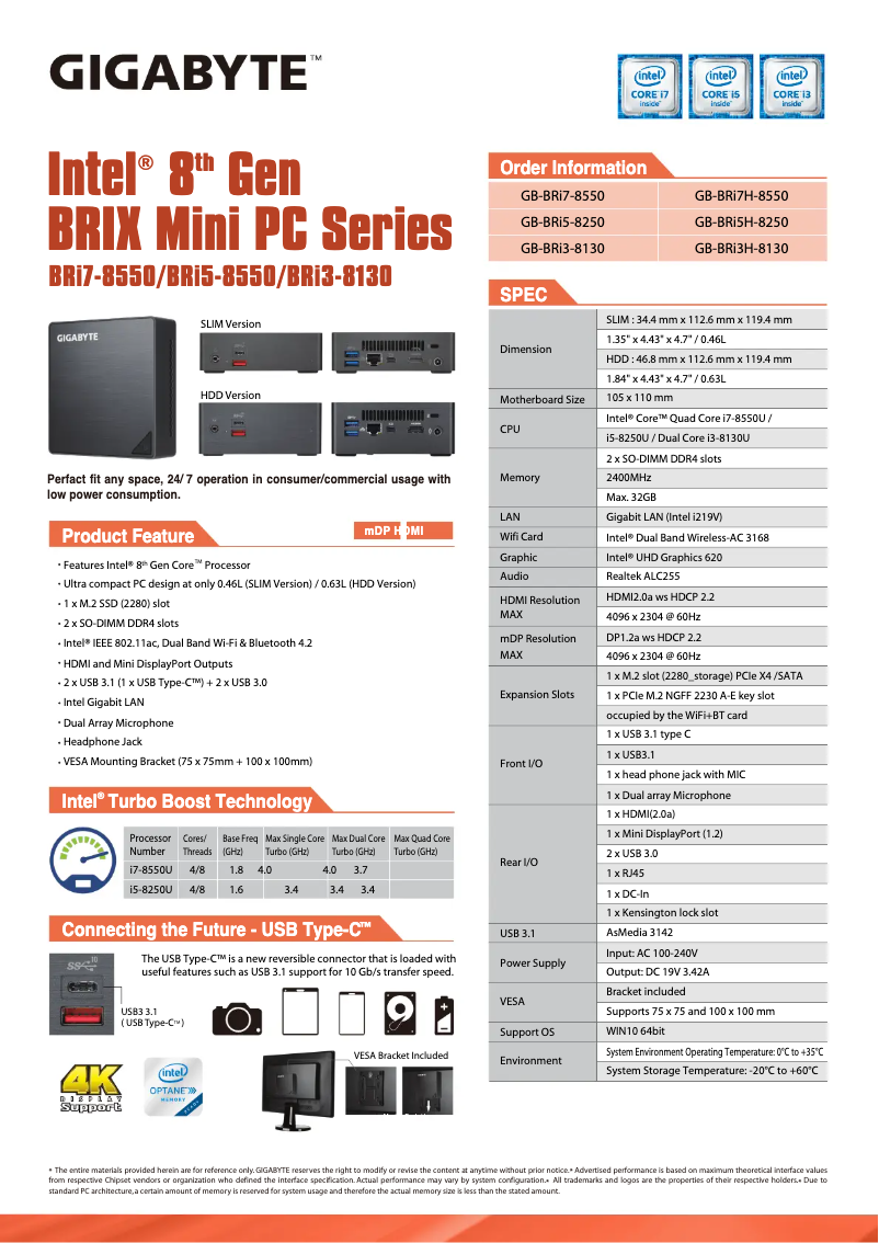 Page 1 de la notice Fiche technique Gigabyte GB-BRi3H-8130