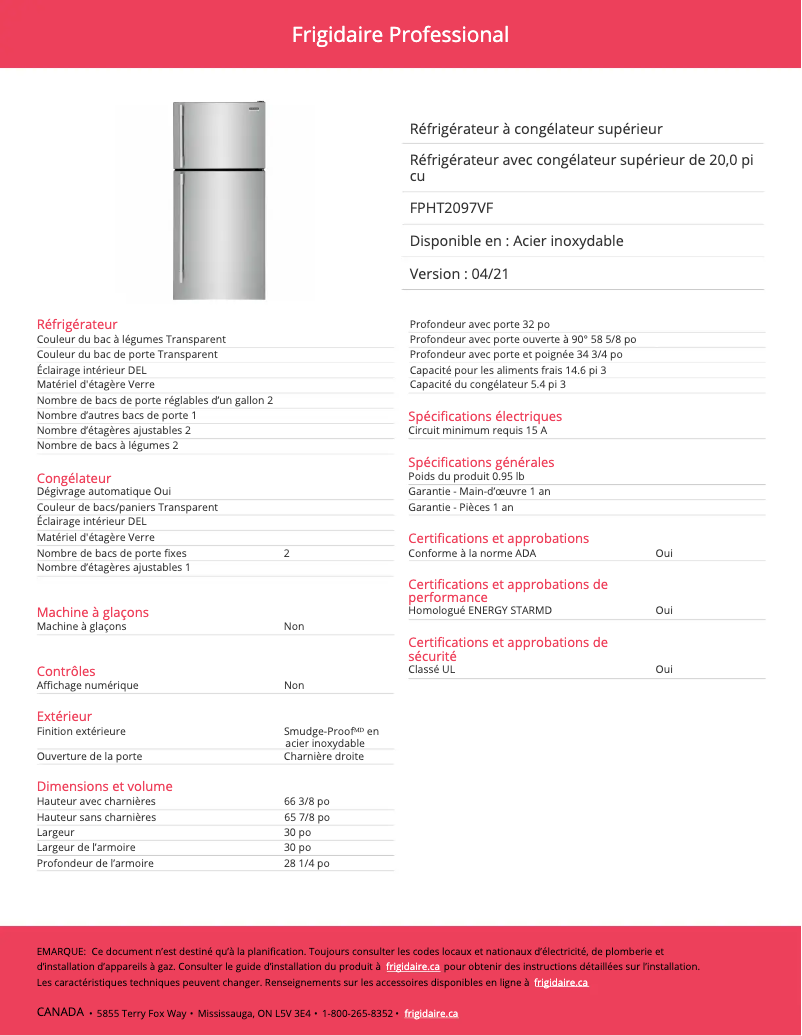 Page 1 de la notice Fiche technique Frigidaire FPHT2097VF