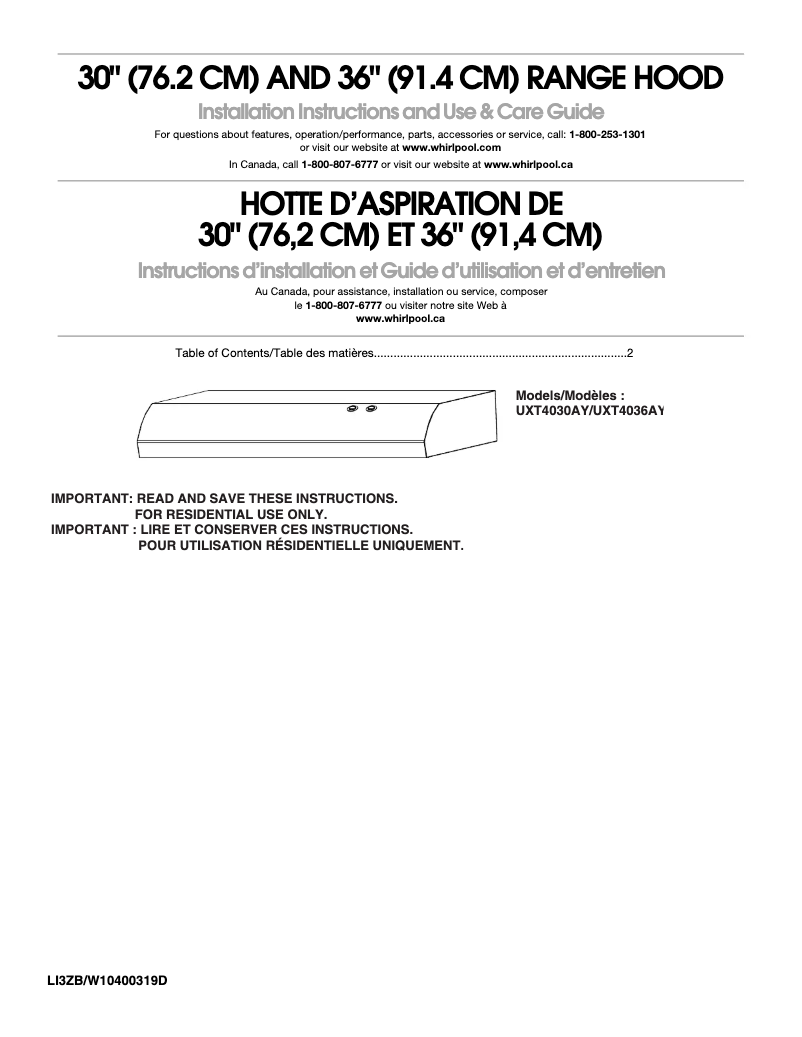 Page 1 de la notice Manuel d'utilisation et d'entretien KitchenAid UXT4030AYW