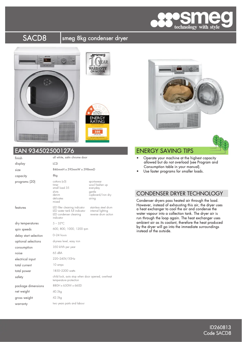 Page n°1 - Fiche technique Smeg SACD8