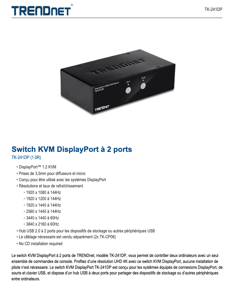 Page n°1 - Fiche technique TRENDnet TK-241DP