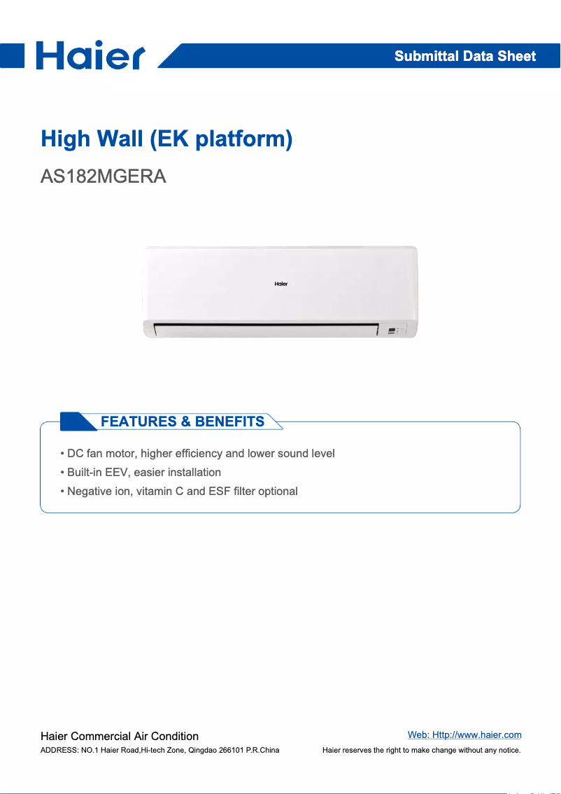 Page 1 de la notice Manuel utilisateur Haier AS182MGERA