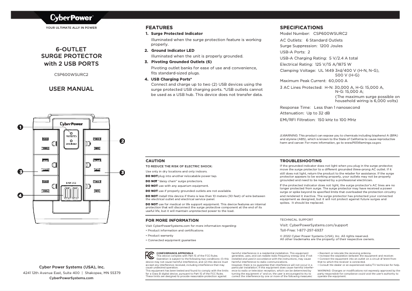 Page n°1 - Manuel utilisateur CyberPower CSP600WSURC2