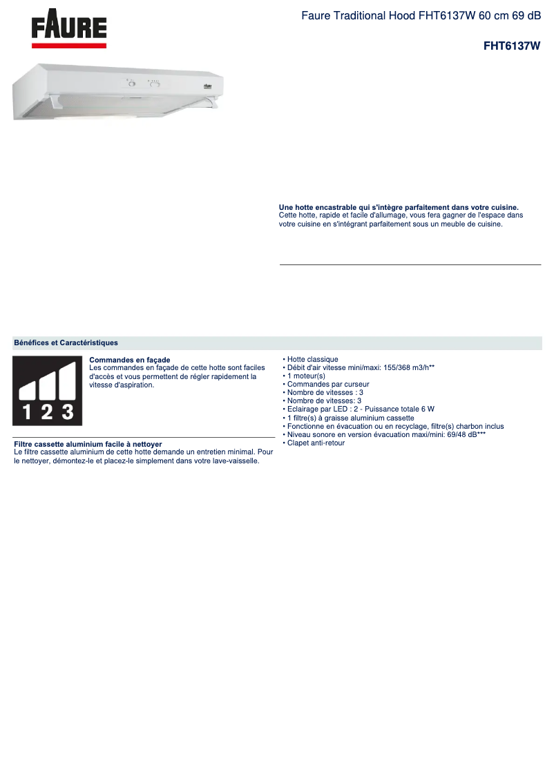 Page n°1 - Fiche technique Faure FHT6137W