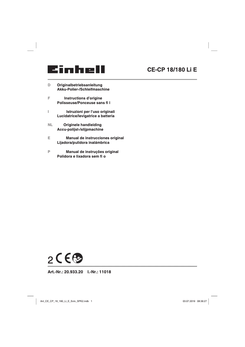 Page n°1 - Manuel utilisateur Einhell CE-CP 18/180 Li E