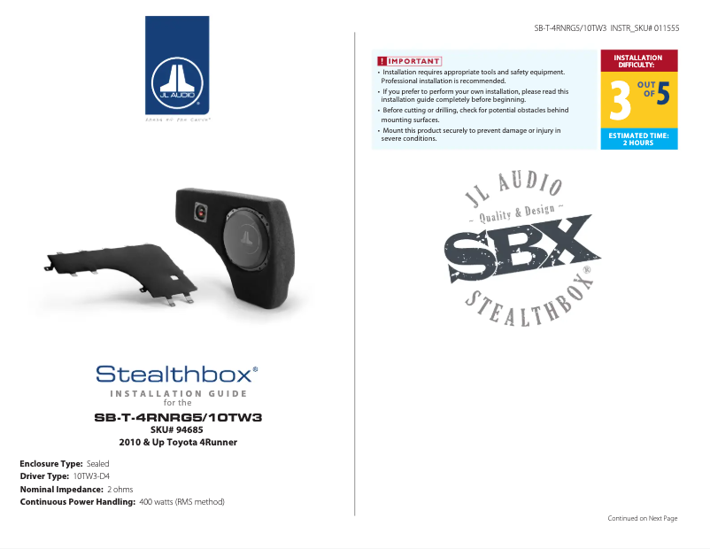 Page 1 de la notice Manuel utilisateur JL Audio Stealthbox SB-T-4RNRG5/10TW3