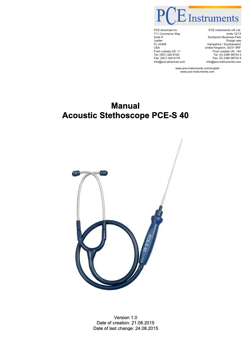 Page n°1 - Manuel utilisateur PCE Instruments PCE-S 40