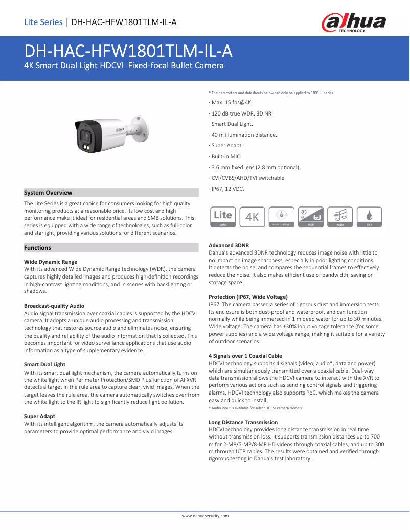 Image de la première page du manuel de l'appareil Lite HAC-HFW1801TLM-IL-A