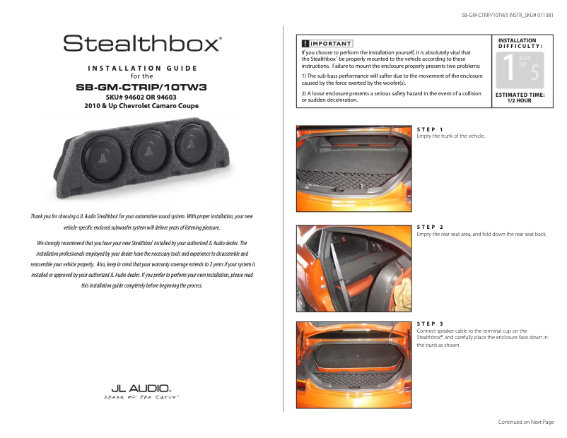 Page 1 de la notice Guide d'installation JL Audio Stealthbox SB-GM-CTRIP/10TW3/DG