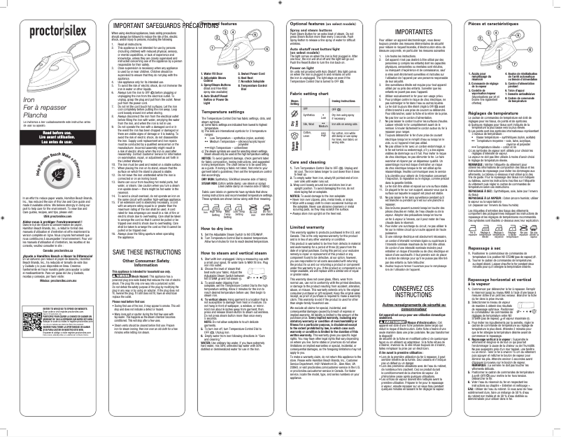 Page 1 de la notice Manuel d'utilisation et d'entretien Proctor Silex 17201