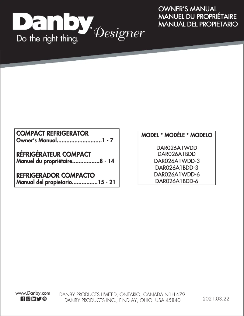 Page 1 of the manual User Manual Danby DAR026A1WDD-3