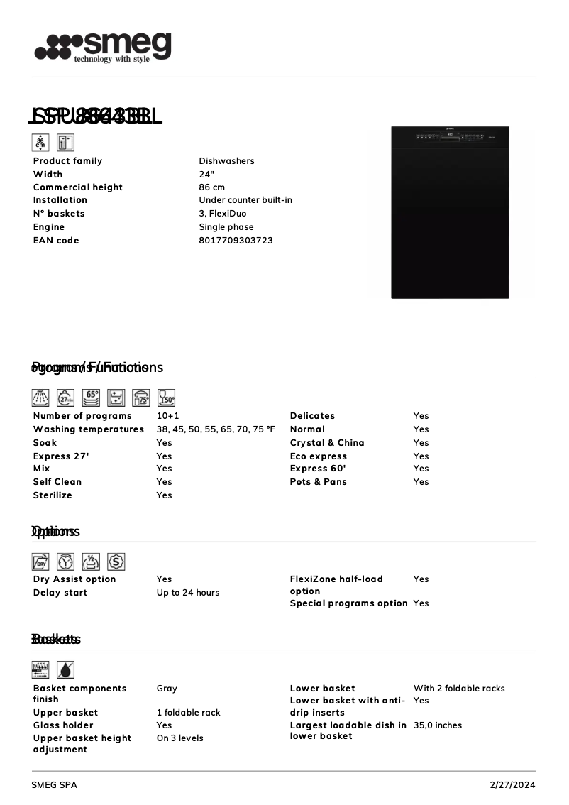 Page 1 de la notice Fiche technique Smeg LSPU8643BL