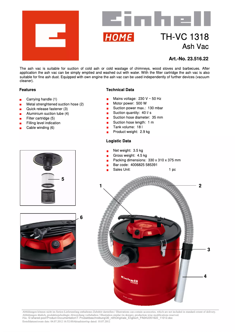 Page 1 de la notice Fiche technique Einhell TH-VC 1318