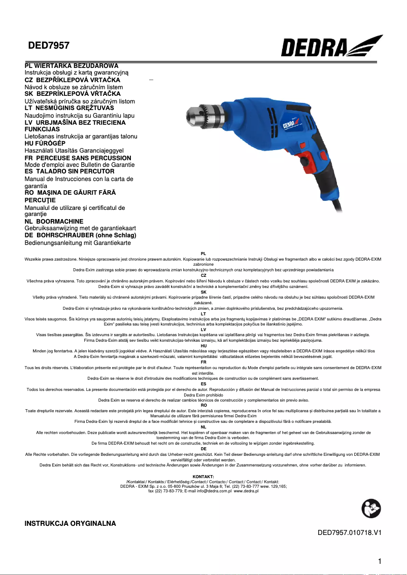 Page n°1 - Manuel utilisateur DEDRA DED7957