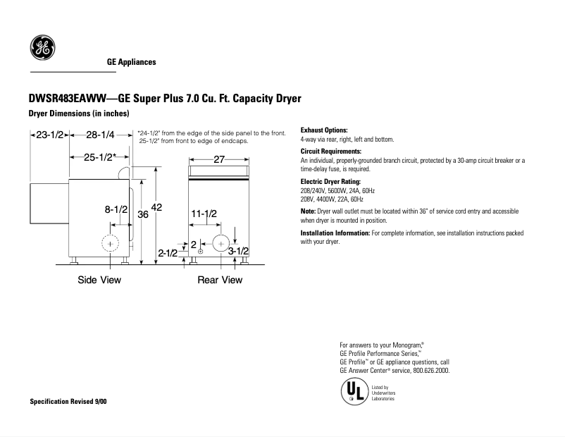 Page n°1 - Fiche technique GE DWSR483EAWW